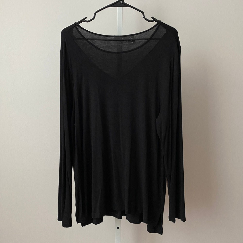 Tahari sz XL Black Long Sleeve‎ V-Neck Sheer Insert Top Lagenlook Boho